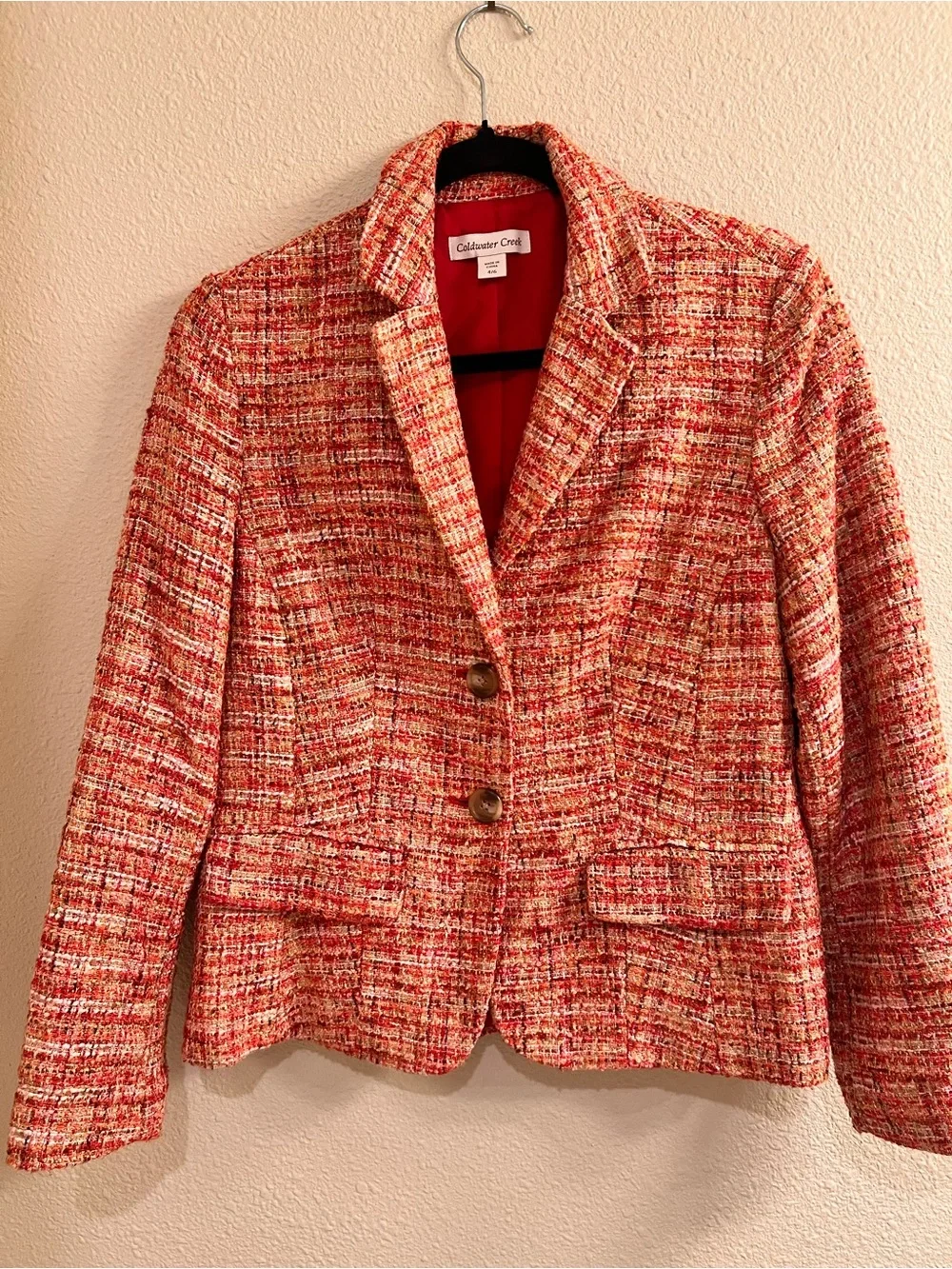 Coldwater Creek Coral-Red Tweed Blazer Jacket